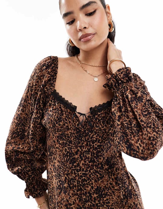 Miss Selfridge ribbon detail tie front mini tea dress in animal print - Image 2