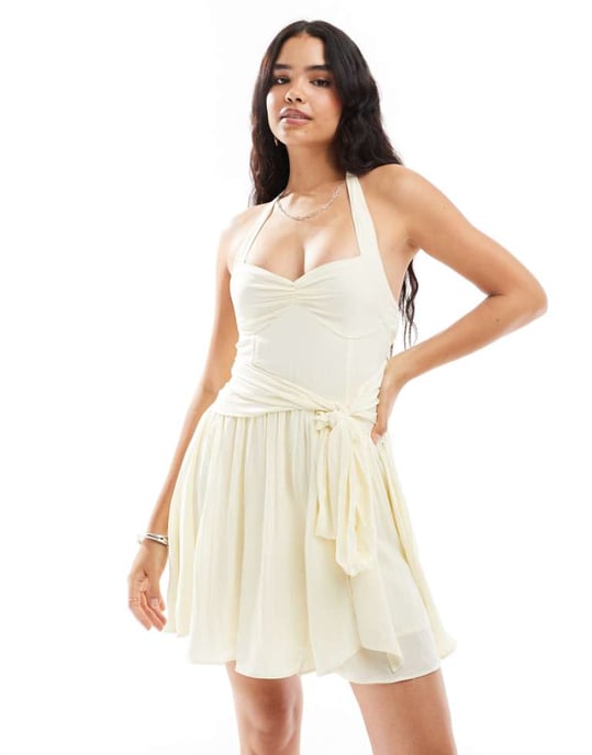ASOS DESIGN bust detail skater mini dress with ties in cream - Image 1