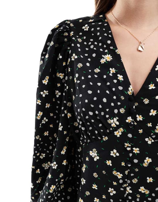 Vero Moda long sleeved buttondown mini dress in mono floral - Image 3