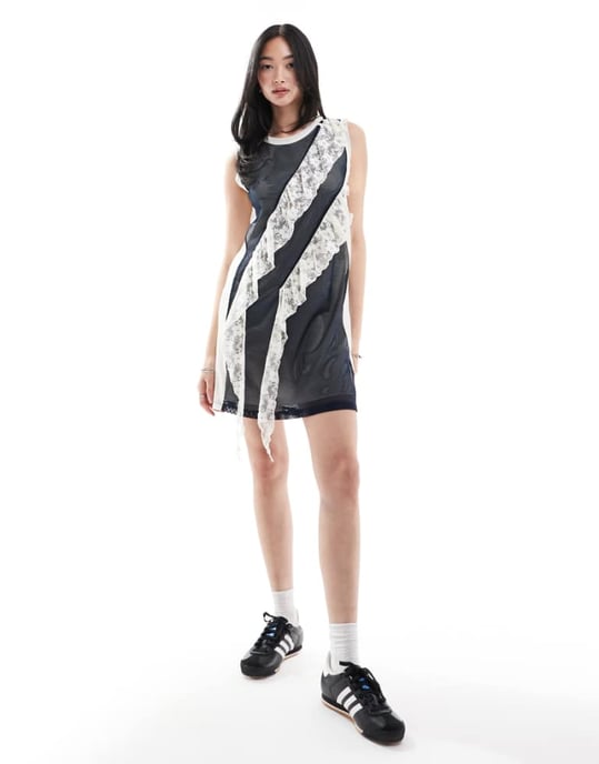 COLLUSION airtex mini vest dress with lace trim in navy - Image 1