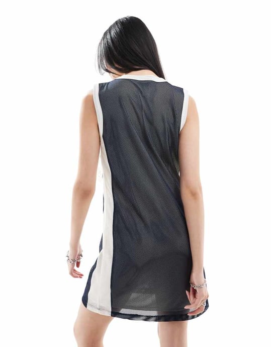 COLLUSION airtex mini vest dress with lace trim in navy - Image 4