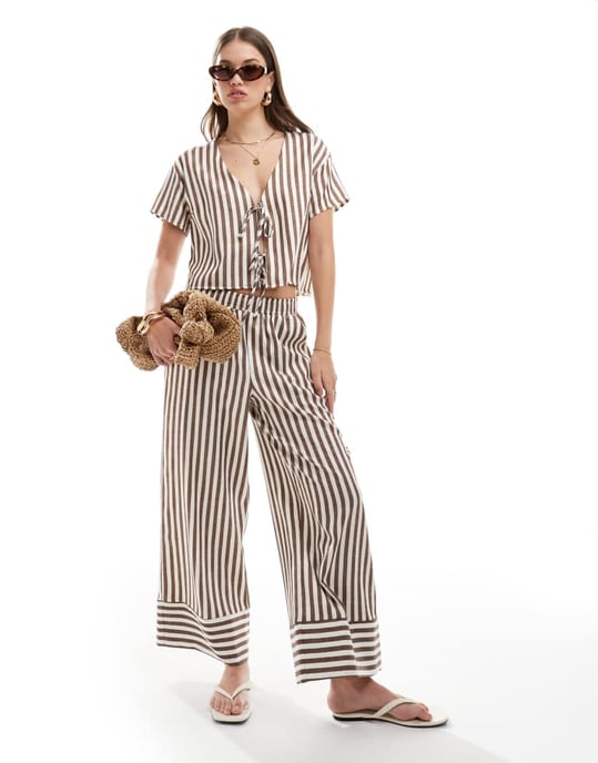 ASOS DESIGN top with tie front in brown stripe co-ord - Image 2