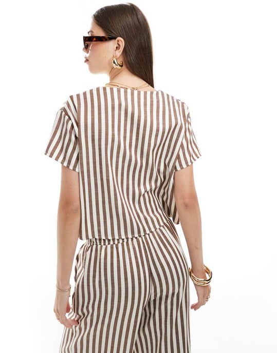 ASOS DESIGN top with tie front in brown stripe co-ord - Image 4