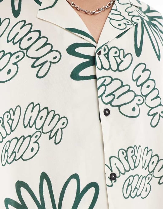 Dr Denim Madi short sleeve relaxed fit summer shirt in green resort print ecru - Image 2