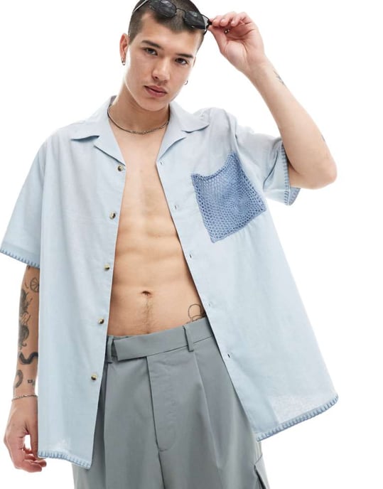 ASOS DESIGN relaxed revere shirt with lace pocket in light blue - Image 1