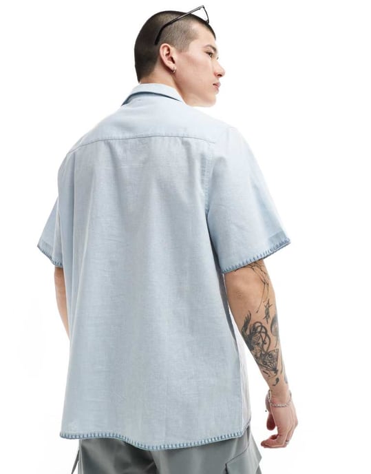 ASOS DESIGN relaxed revere shirt with lace pocket in light blue - Image 2