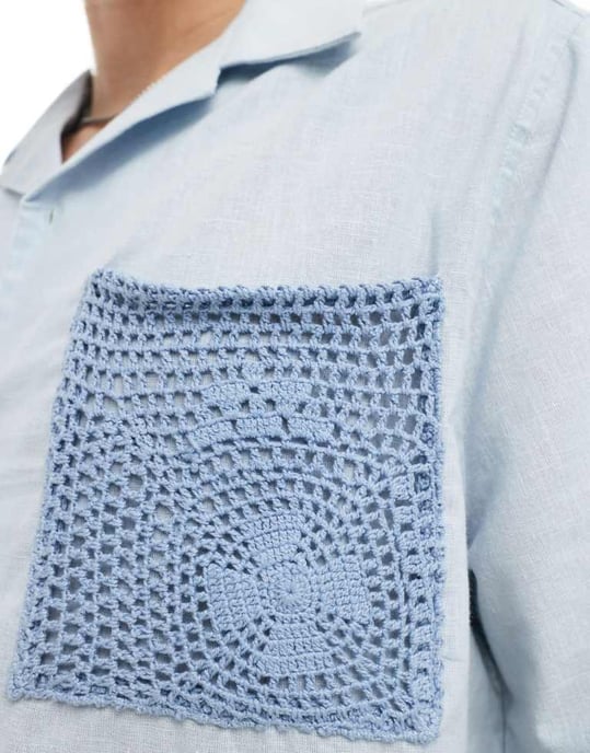 ASOS DESIGN relaxed revere shirt with lace pocket in light blue - Image 3