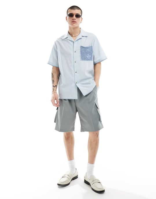 ASOS DESIGN relaxed revere shirt with lace pocket in light blue - Image 4