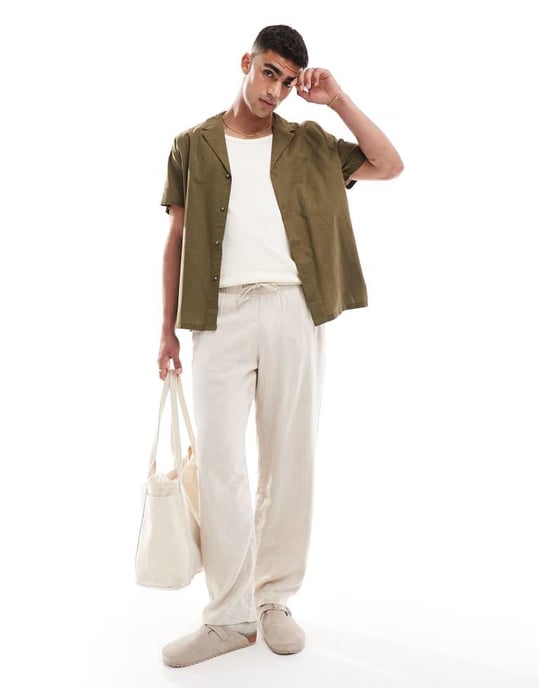 ASOS DESIGN relaxed linen blend shirt with deep revere collar in dark khaki - Image 2