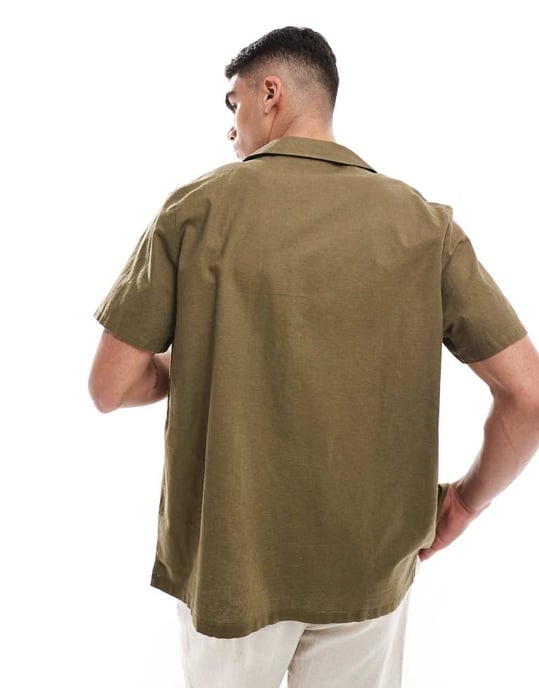 ASOS DESIGN relaxed linen blend shirt with deep revere collar in dark khaki - Image 3