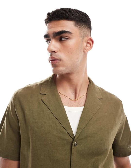 ASOS DESIGN relaxed linen blend shirt with deep revere collar in dark khaki - Image 4