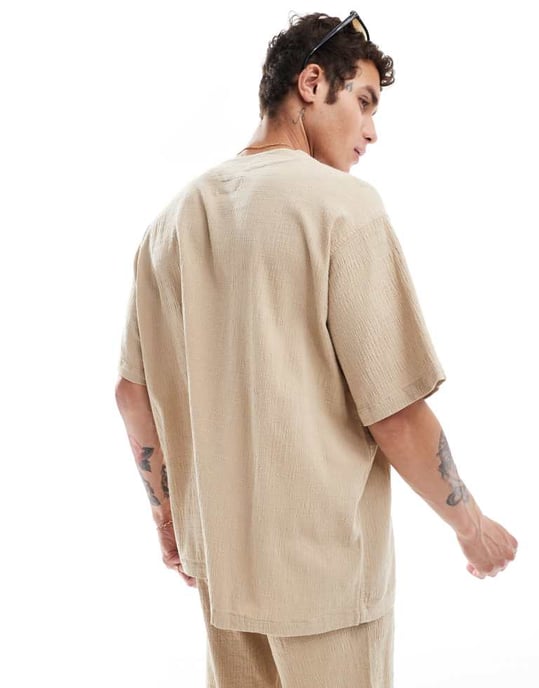 ADPT co-ord oversized baseball crinkle shirt in beige - Image 3