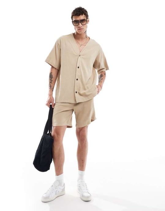 ADPT co-ord oversized baseball crinkle shirt in beige - Image 4