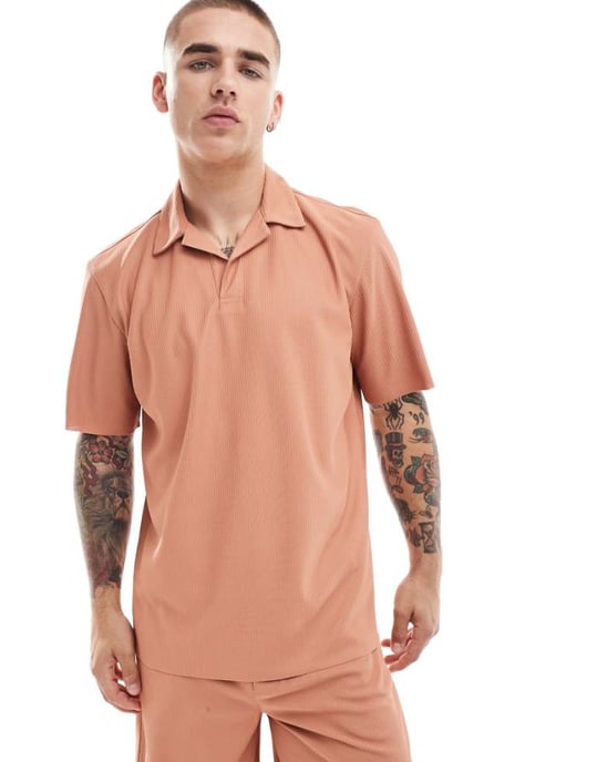 ONLY & SONS plisse split neck polo co-ord in burnt orange - Image 1