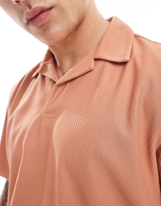 ONLY & SONS plisse split neck polo co-ord in burnt orange - Image 3