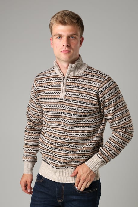 Beige Jacquard Quarter Zip Fleece Lined Jumper - Image 1