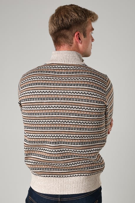 Beige Jacquard Quarter Zip Fleece Lined Jumper - Image 2