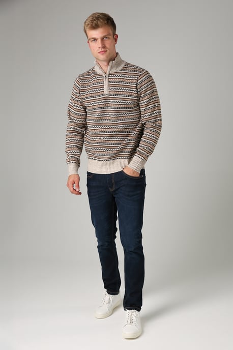 Beige Jacquard Quarter Zip Fleece Lined Jumper - Image 3