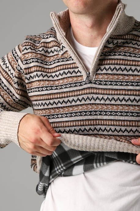 Beige Jacquard Quarter Zip Fleece Lined Jumper - Image 4