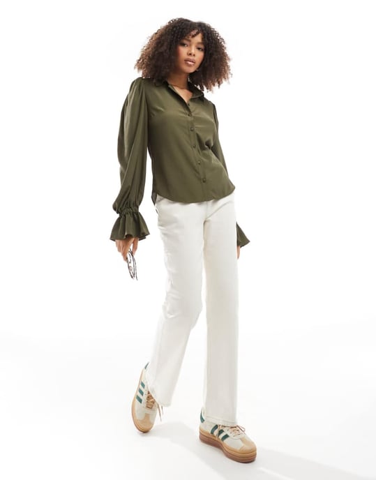 ASOS DESIGN volume sleeved soft shirt with ruffle cuffs in khaki - Image 2