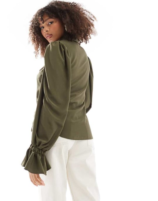ASOS DESIGN volume sleeved soft shirt with ruffle cuffs in khaki - Image 3
