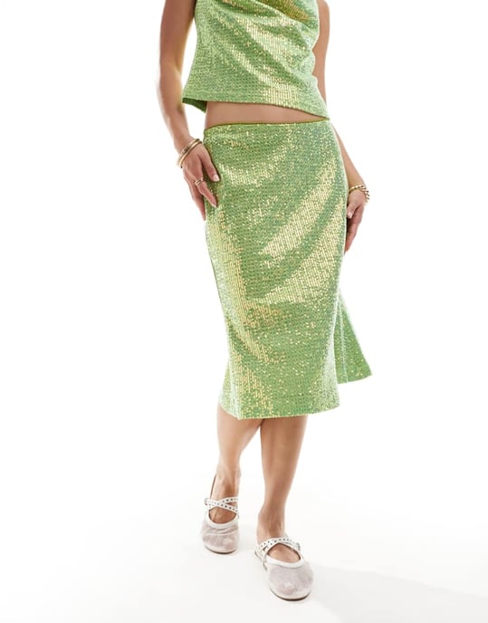 Labelrail x Olivia Grace Herring sequin flippy knee length midi skirt co-ord in green - Image 3