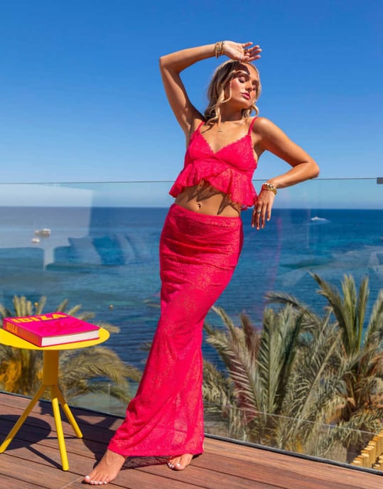 South Beach x Misha Grimes lace midi beach skirt in bright pink - Image 1