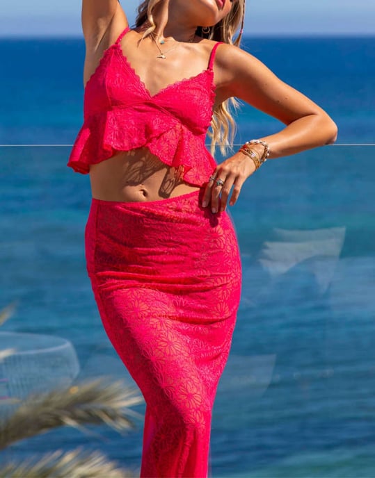 South Beach x Misha Grimes lace midi beach skirt in bright pink - Image 4