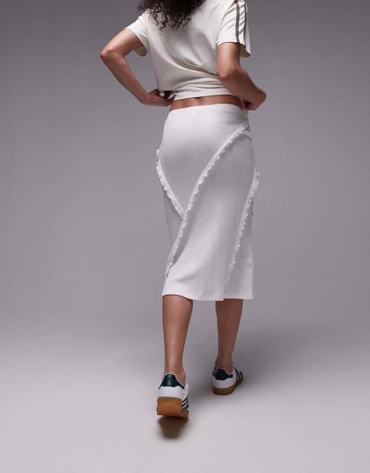 Topshop pointelle 90s length ruffle trim skirt in white - Image 3