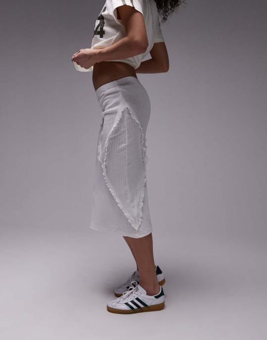 Topshop pointelle 90s length ruffle trim skirt in white - Image 4