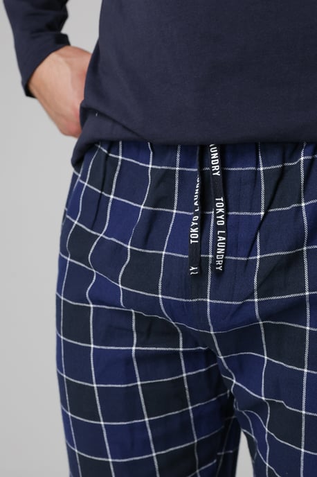 Blue Cotton Checked Pyjama Trousers - Image 3