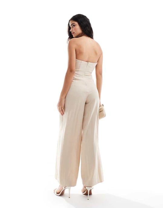 ASOS DESIGN bandeau cross over wide leg linen jumpsuit in natural - Image 2