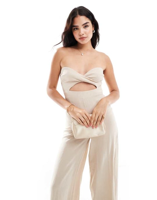 ASOS DESIGN bandeau cross over wide leg linen jumpsuit in natural - Image 4