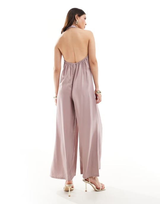 ASOS DESIGN plunge v neck halter jumpsuit in mauve - Image 4