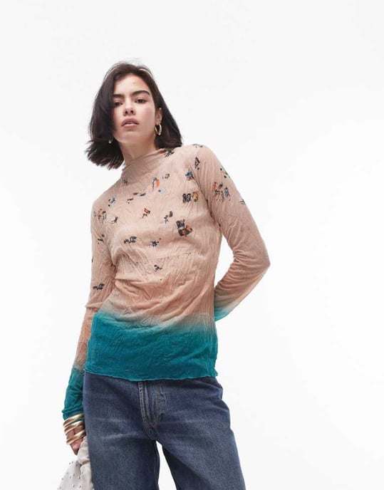 Topshop beach landscape long sleeve top in multi - Image 1