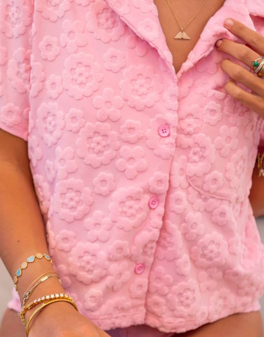 South Beach x Misha Grimes jacquard towelling beach shirt in light pink - Image 3
