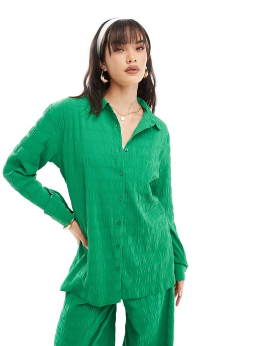 Esmee textured long sleeve beach shirt co-ord in green - Image 3