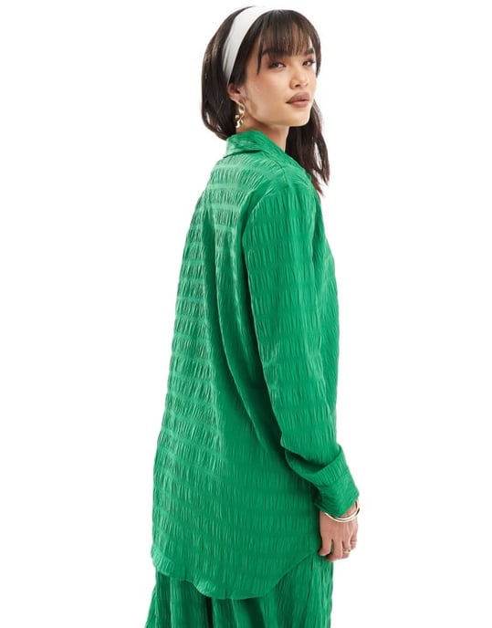 Esmee textured long sleeve beach shirt co-ord in green - Image 4