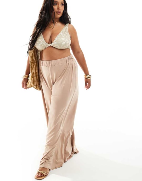 ASOS DESIGN Curve jersey palazzo beach trouser in cream - Image 4