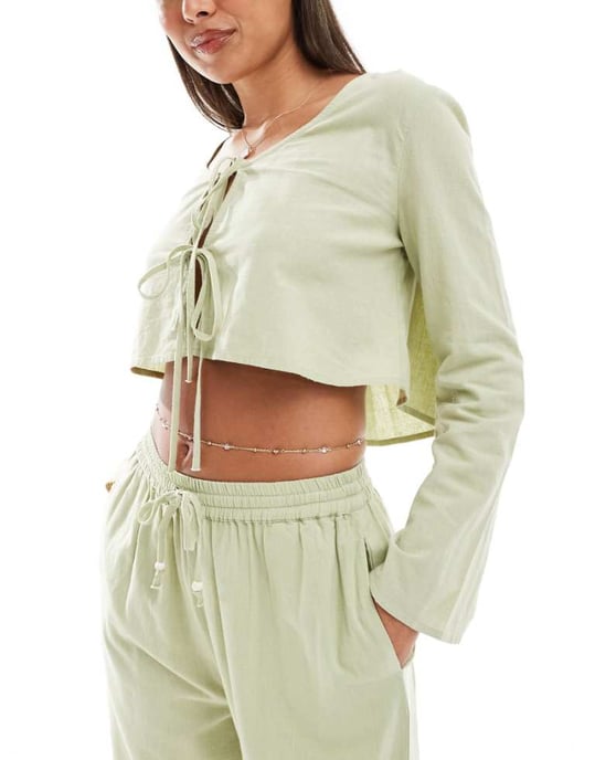 ASOS DESIGN Kayla mix and match long sleeve tie front beach top in khaki - Image 1