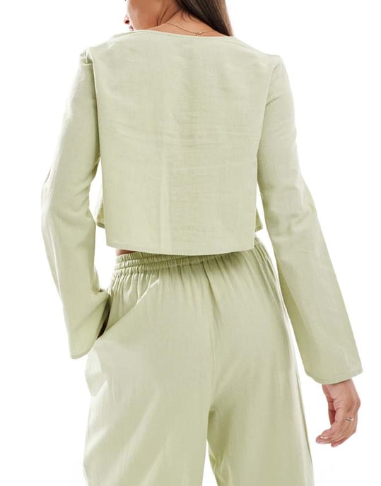 ASOS DESIGN Kayla mix and match long sleeve tie front beach top in khaki - Image 4