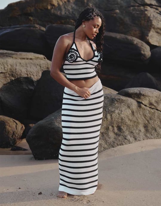 4th & Reckless x Loz Vassallo rico knitted stripe beach maxi skirt co-ord in black and white - Image 1