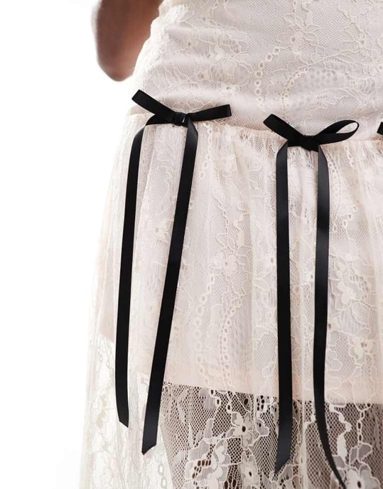 Miss Selfridge lace contrast bow sheer maxi skirt in pink - Image 2