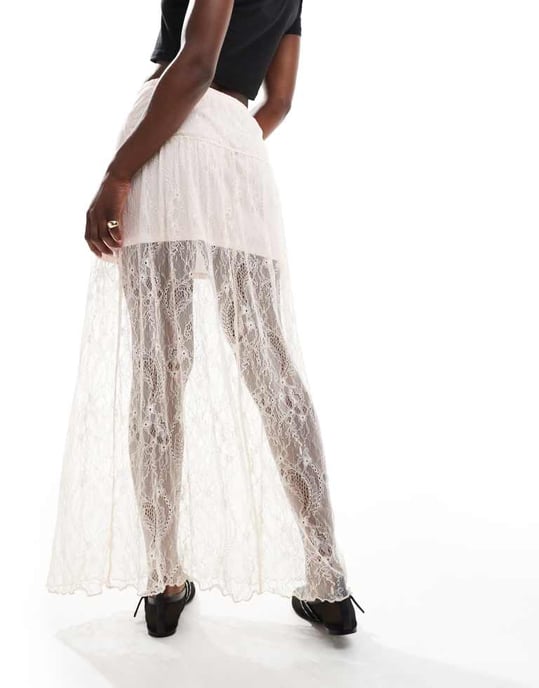 Miss Selfridge lace contrast bow sheer maxi skirt in pink - Image 3