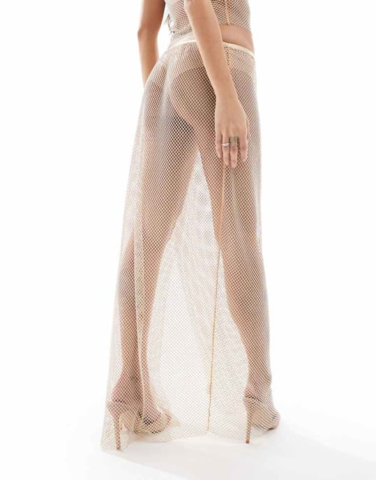 ASOS DESIGN co-ord split side maxi skirt in hotfix fishnet in gold - Image 4