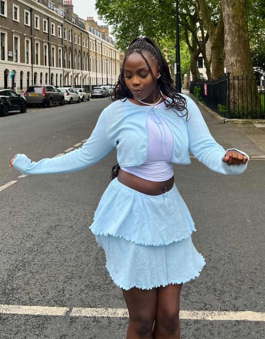 Labelrail x Sumbo Owoyele ribbon detail ruffle pointelle mini skirt co-ord in light blue - Image 1