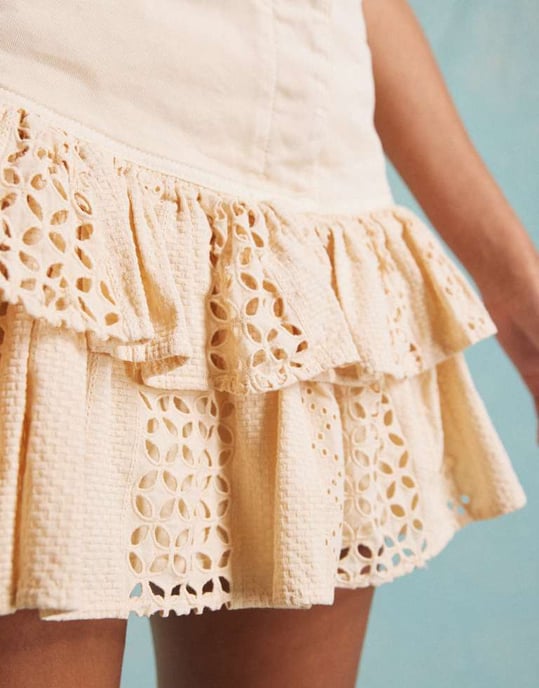 Miss Selfridge broderie hem contrast denim mini skirt in ecru - Image 3