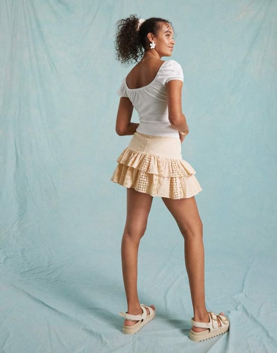 Miss Selfridge broderie hem contrast denim mini skirt in ecru - Image 4