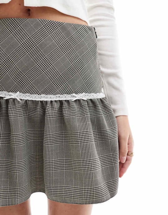 Miss Selfridge tailored ruffle hem bow detail mini skirt in mono check - Image 2