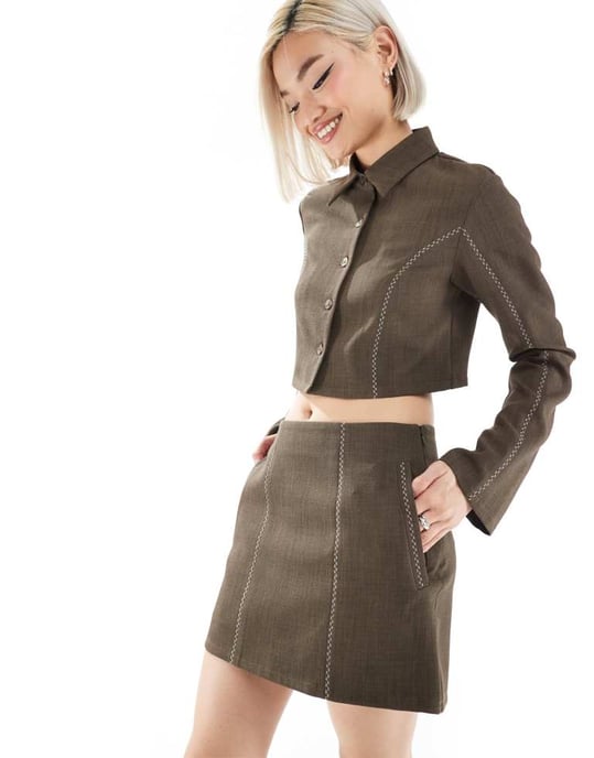 Reclaimed Vintage skirt with crossstich detail in brown co-ord - Image 3